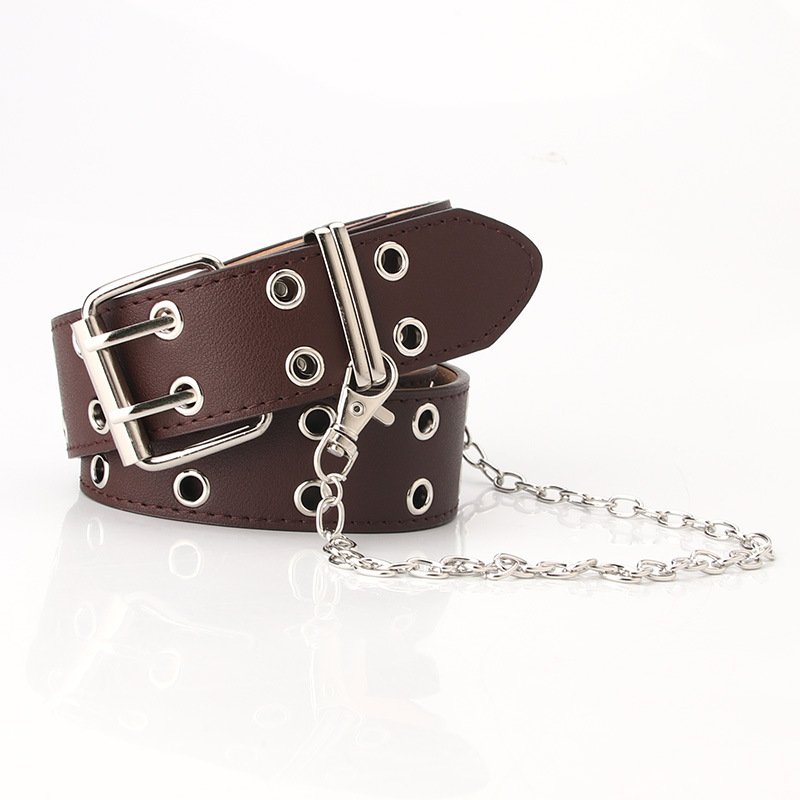 Women Cheap Punk Chain Fashion Belt Adjustable Double Rows Hole Eyelet Waistband with Eyelet Chain Decorative Belts