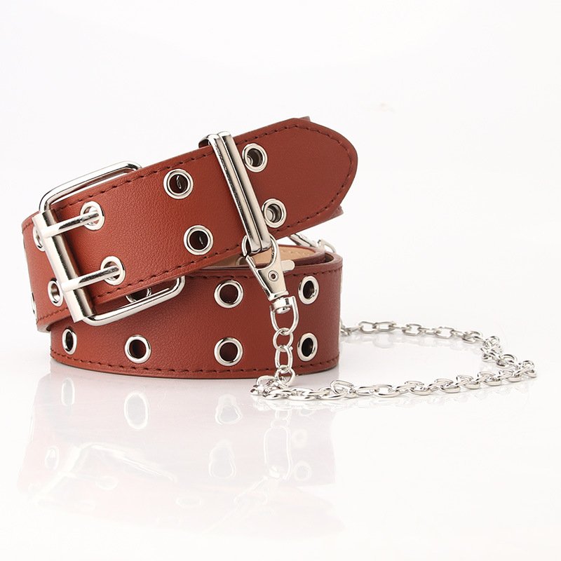 Women Cheap Punk Chain Fashion Belt Adjustable Double Rows Hole Eyelet Waistband with Eyelet Chain Decorative Belts