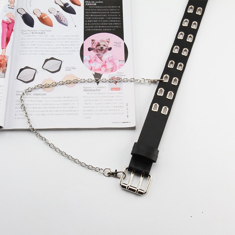 Punk Belt Double Grommet Chain Leather Belt Pu Mens Womens Fashion Belt