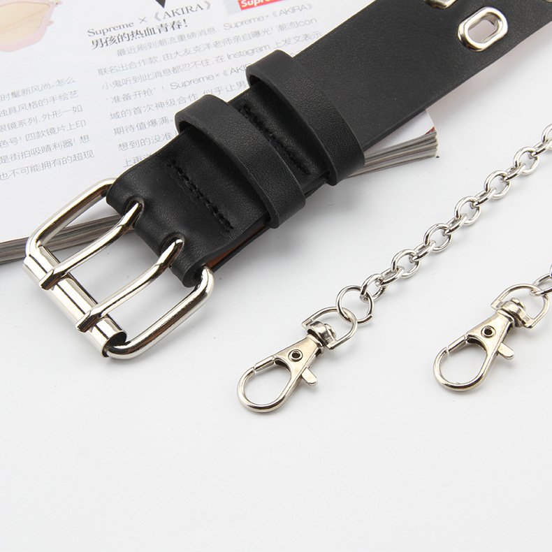 Punk Belt Double Grommet Chain Leather Belt Pu Mens Womens Fashion Belt