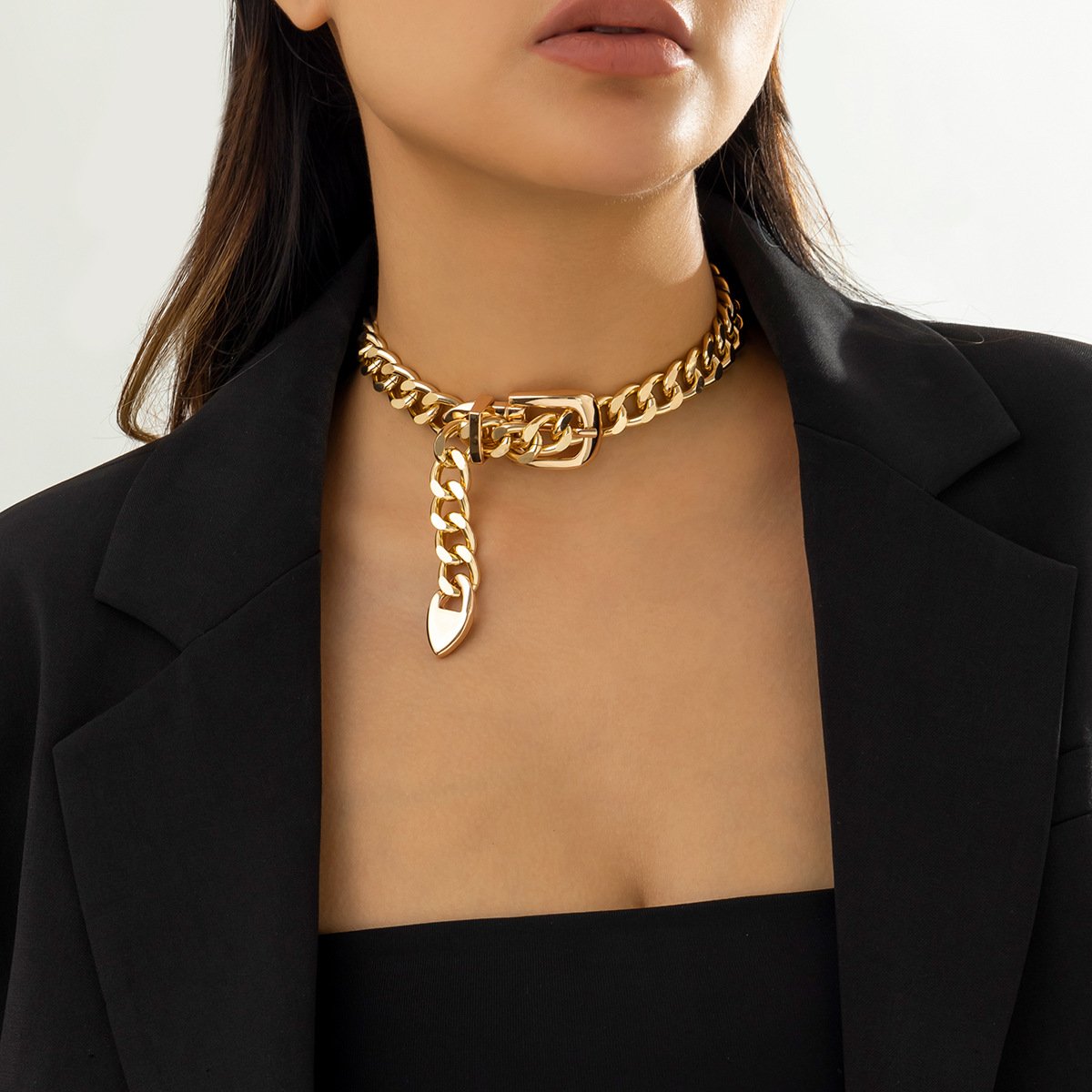 Hip Hop Necklace Simple Belt Buckle Chain Collarbone Necklace Vintage Necklace