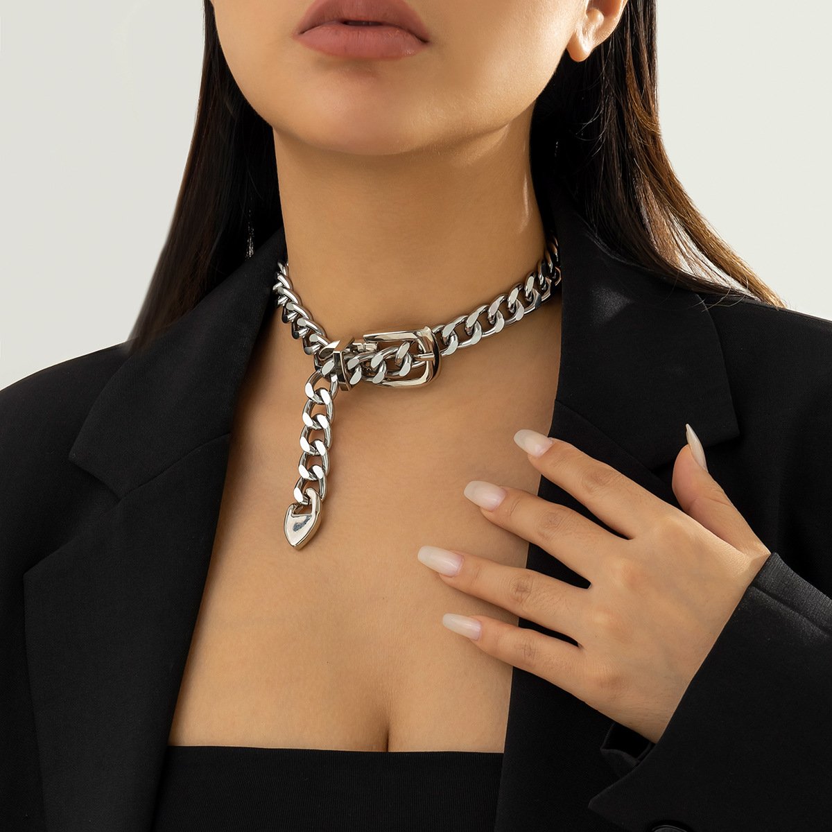 Hip Hop Necklace Simple Belt Buckle Chain Collarbone Necklace Vintage Necklace
