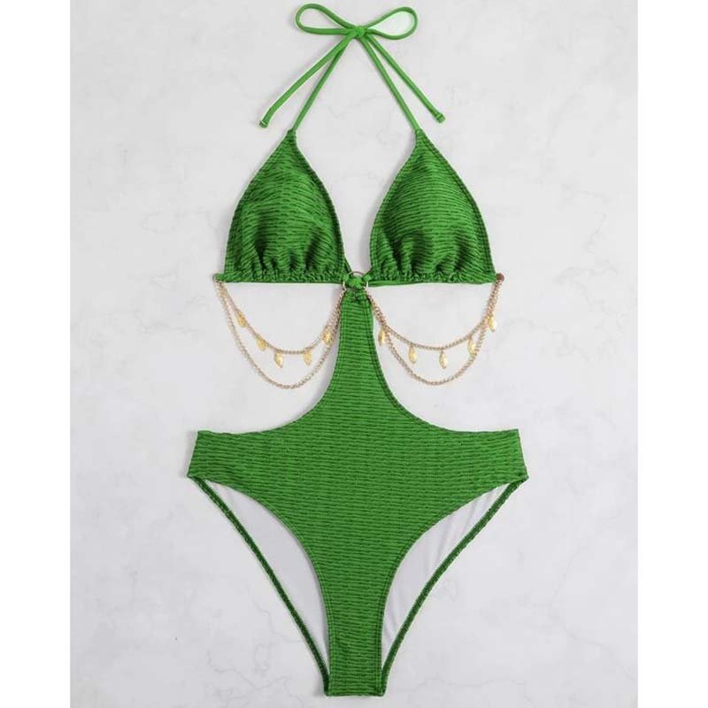 NEW sexy solid halter Special fabric metal chain hollow out one Piece Bikini Beachwear Swimsuit custom Women Swimwear