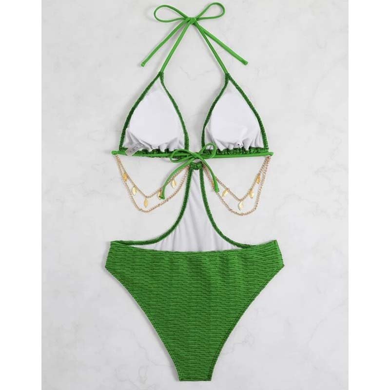 NEW sexy solid halter Special fabric metal chain hollow out one Piece Bikini Beachwear Swimsuit custom Women Swimwear