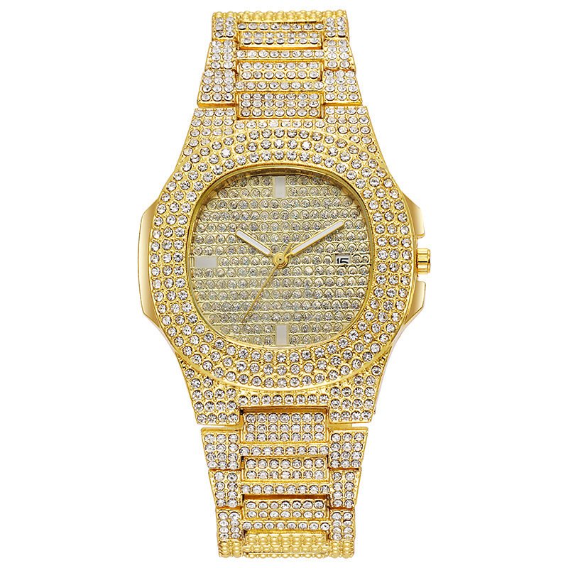 Hip Hop Men's Gold Iced out Watch with Chain Crystals Dial Buckle Clasp Christmas Cool Men Date Watch Luxury Jewelry Watch Set