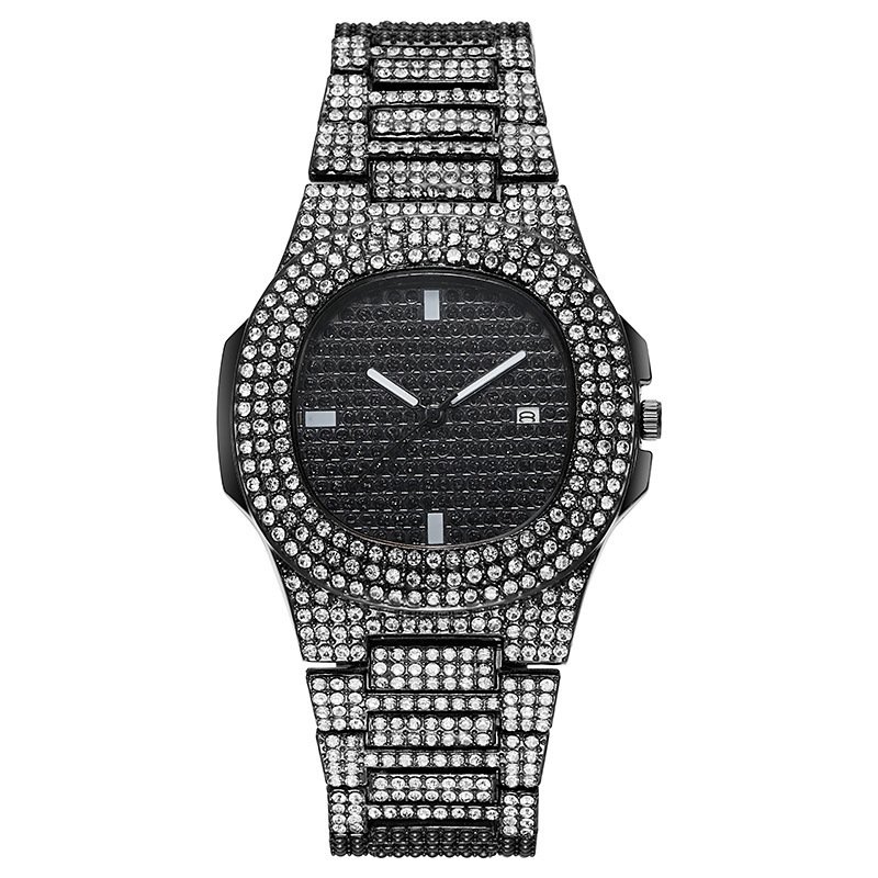Hip Hop Men's Gold Iced out Watch with Chain Crystals Dial Buckle Clasp Christmas Cool Men Date Watch Luxury Jewelry Watch Set