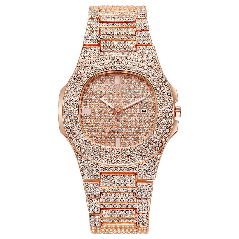 Hip Hop Men's Gold Iced out Watch with Chain Crystals Dial Buckle Clasp Christmas Cool Men Date Watch Luxury Jewelry Watch Set