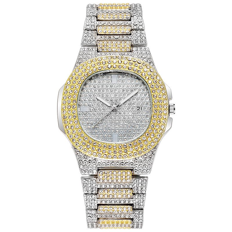 Hip Hop Men's Gold Iced out Watch with Chain Crystals Dial Buckle Clasp Christmas Cool Men Date Watch Luxury Jewelry Watch Set