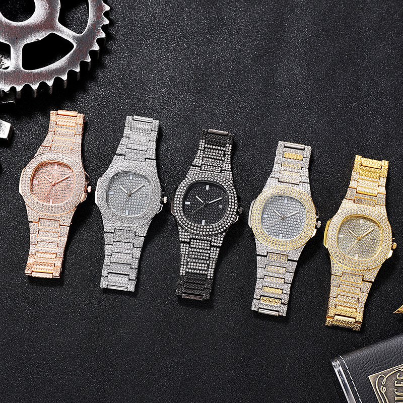 Hip Hop Men's Gold Iced out Watch with Chain Crystals Dial Buckle Clasp Christmas Cool Men Date Watch Luxury Jewelry Watch Set