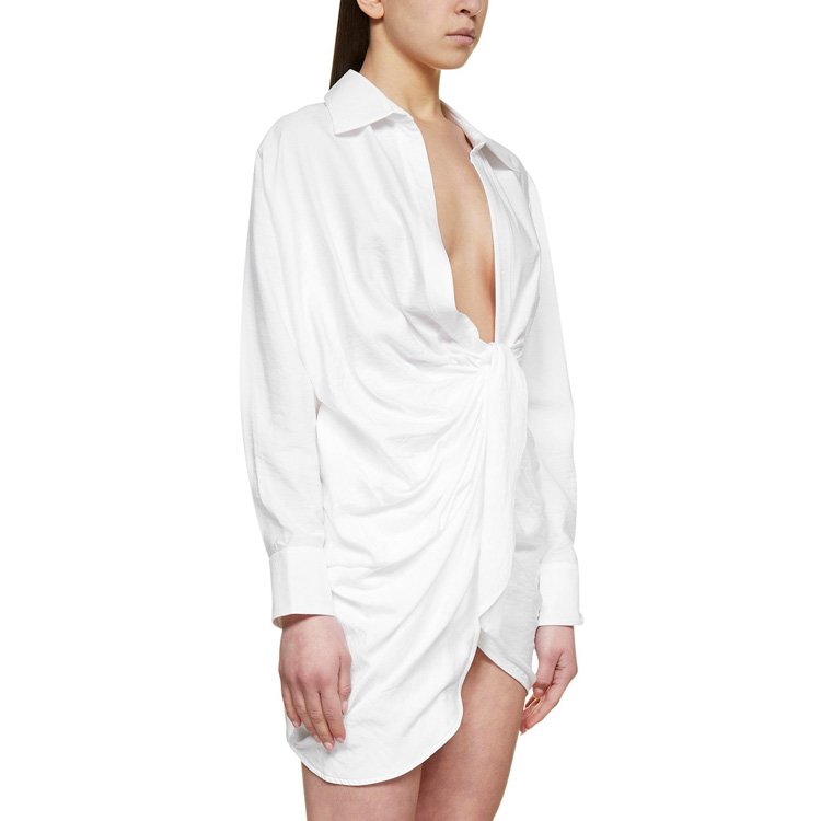 New Fashion Dress for Ladies Button Up Chain Belt Long Sleeve Bell Cuffs Cut Out Gathered Back Women Shirt Dress