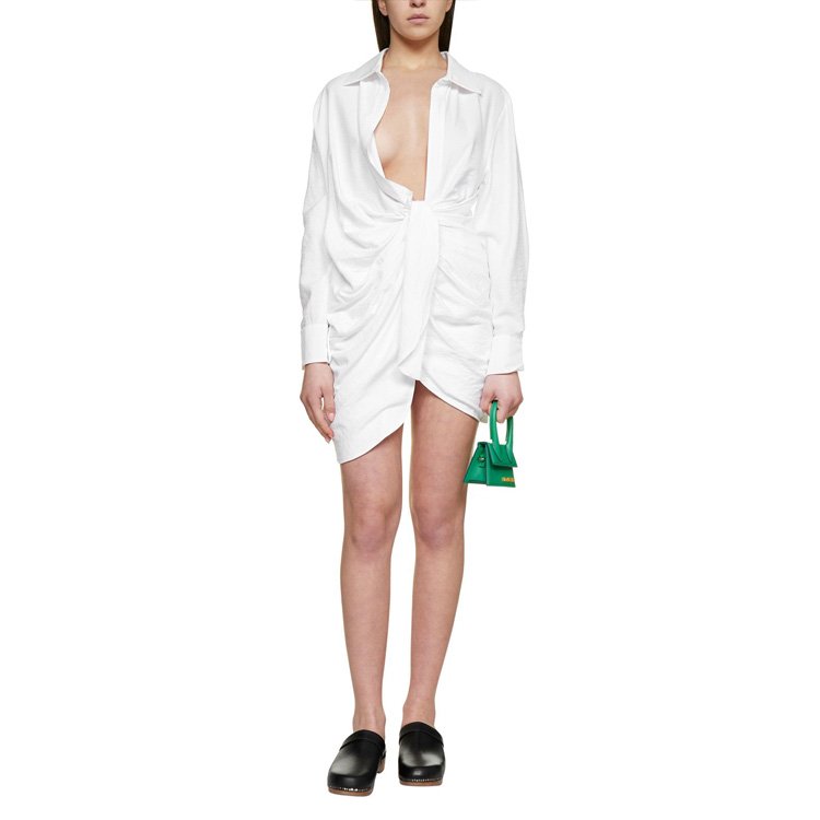 New Fashion Dress for Ladies Button Up Chain Belt Long Sleeve Bell Cuffs Cut Out Gathered Back Women Shirt Dress