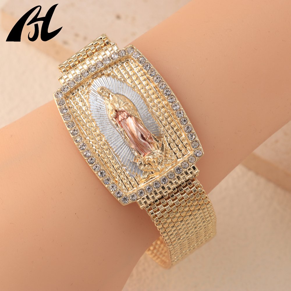 Fast Shipping Joyeria Luxury Fashion Gold Diamond Charm Virgin Mary Medal Hiphop Chain Bracelets Bangle