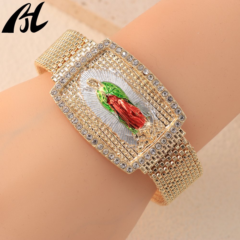 Fast Shipping Joyeria Luxury Fashion Gold Diamond Charm Virgin Mary Medal Hiphop Chain Bracelets Bangle