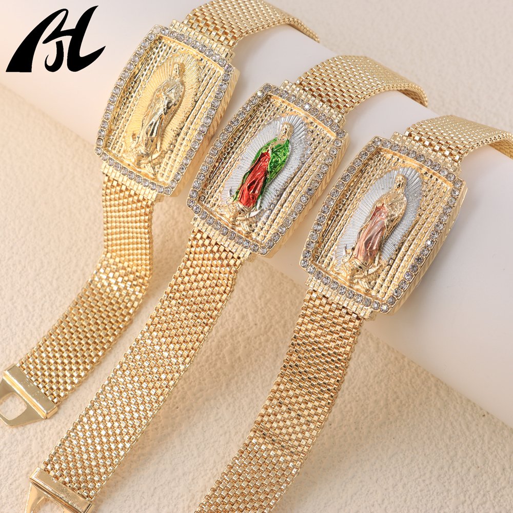 Fast Shipping Joyeria Luxury Fashion Gold Diamond Charm Virgin Mary Medal Hiphop Chain Bracelets Bangle