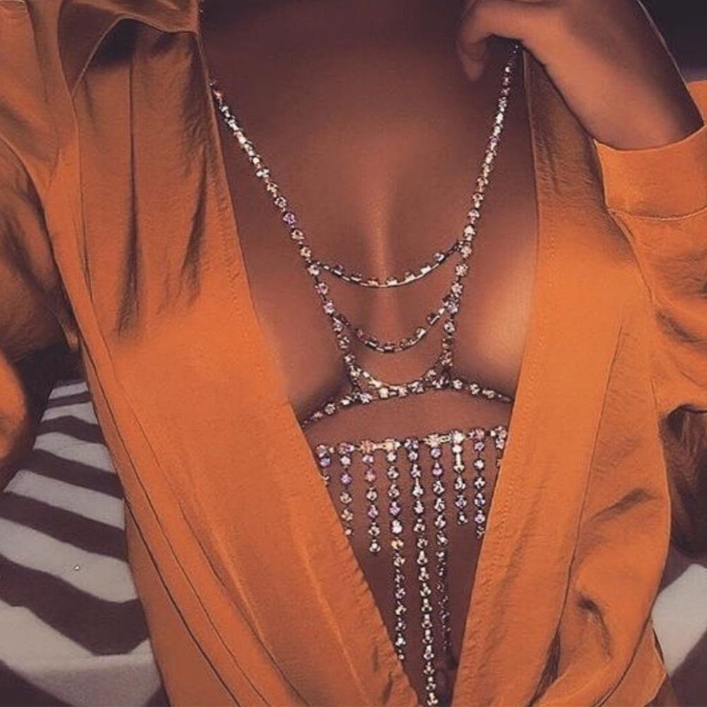 Sexy Bikini Bra Gold Crystal Copper Bead Mesh Body Chain Breast Chain Lingerie Necklace Nightclub Jewelry Adjustable for Women
