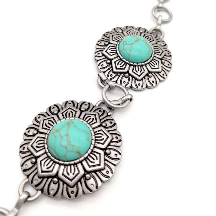 Fashion Women Chain Western Belts Accessories Oval Turquoise Stone Concho Retro Lady Narrow Metal Chain Belt