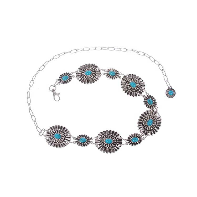 Fashion Women Chain Western Belts Accessories Oval Turquoise Stone Concho Retro Lady Narrow Metal Chain Belt
