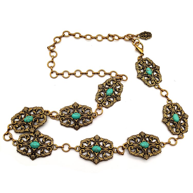 Fashion Women Chain Western Belts Accessories Oval Turquoise Stone Concho Retro Lady Narrow Metal Chain Belt