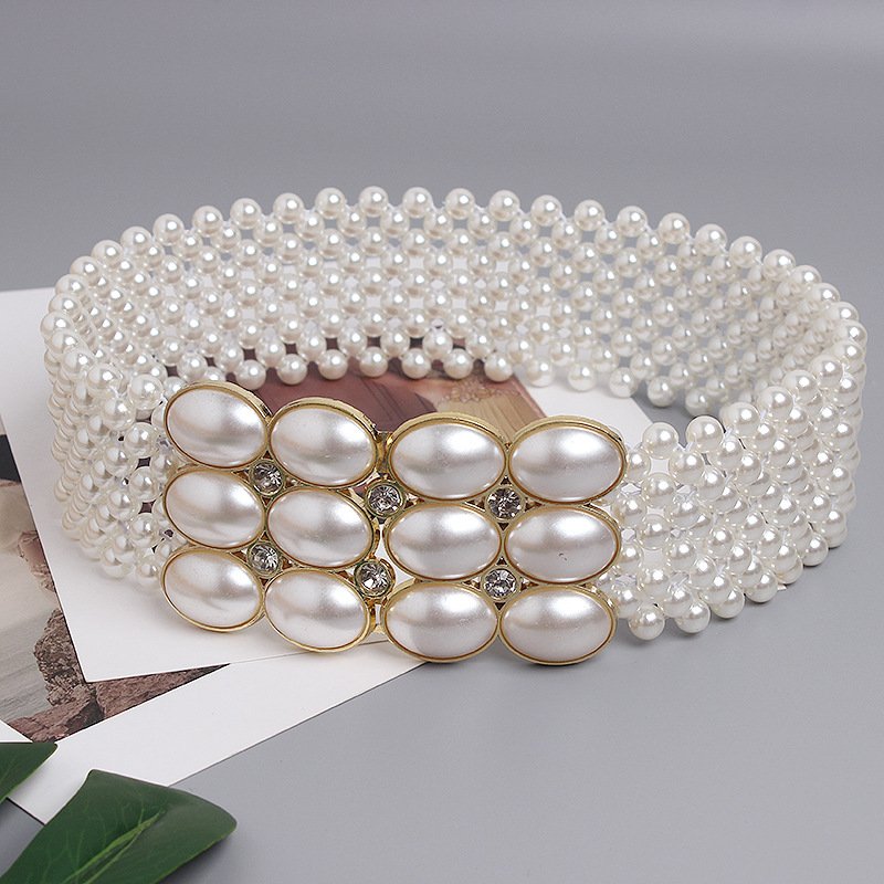 Luxury Retro Full Pearl Diamond Buckle Elastic Wid Waist Chain Women Pearl Belt