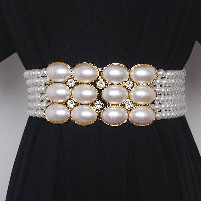 Luxury Retro Full Pearl Diamond Buckle Elastic Wid Waist Chain Women Pearl Belt
