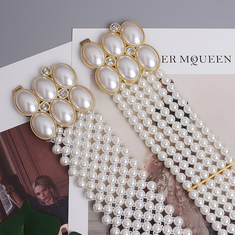Luxury Retro Full Pearl Diamond Buckle Elastic Wid Waist Chain Women Pearl Belt