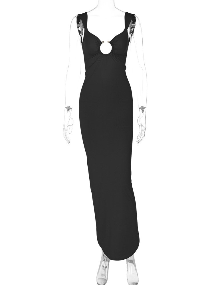 STOCK 5Colors Wide Straps Ring Front Beach Dresses For Women Open Back Slit Maxi Beach Dress