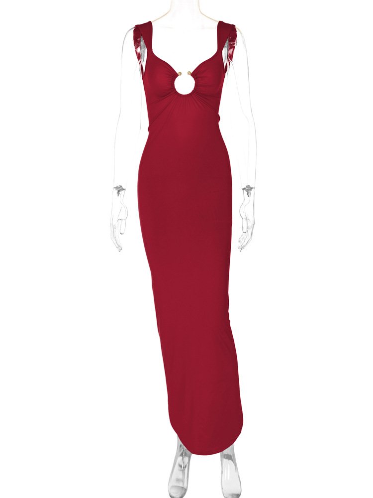 STOCK 5Colors Wide Straps Ring Front Beach Dresses For Women Open Back Slit Maxi Beach Dress