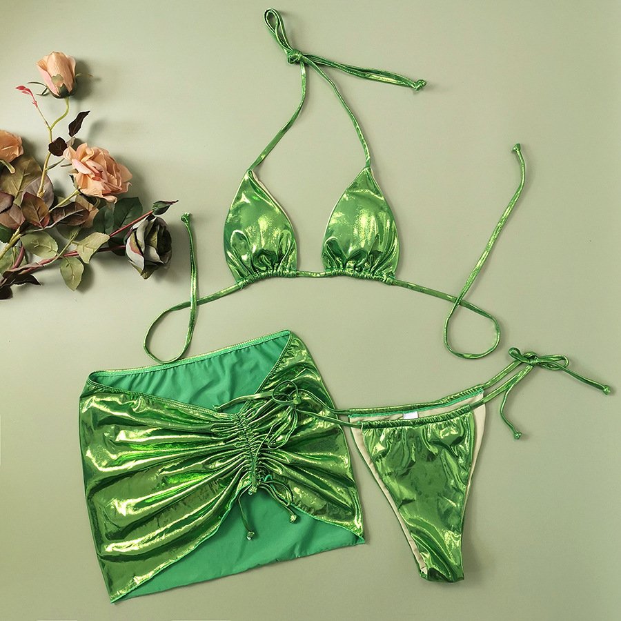 STOCK 4Colors Triangle Top With Pad Metallic Bikini Set 3Pieces Swimwear Beach Skirt Cover Ups