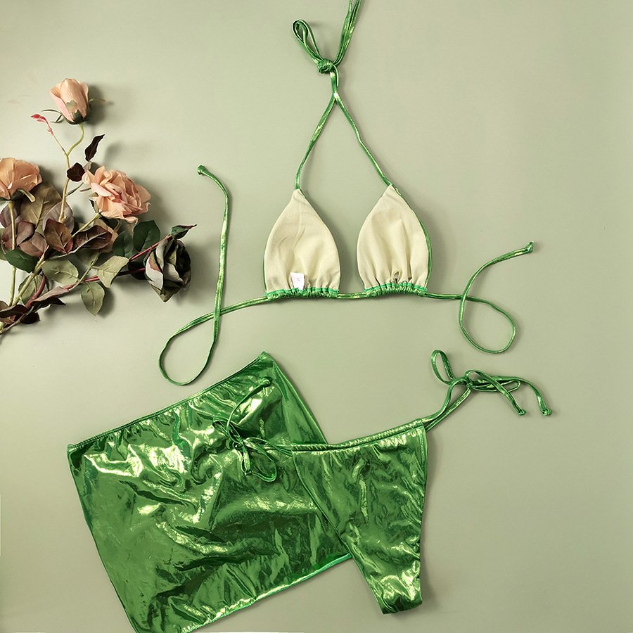 STOCK 4Colors Triangle Top With Pad Metallic Bikini Set 3Pieces Swimwear Beach Skirt Cover Ups