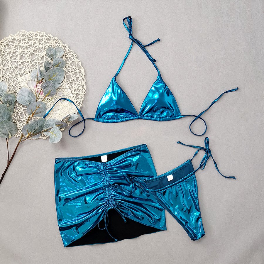 STOCK 4Colors Triangle Top With Pad Metallic Bikini Set 3Pieces Swimwear Beach Skirt Cover Ups
