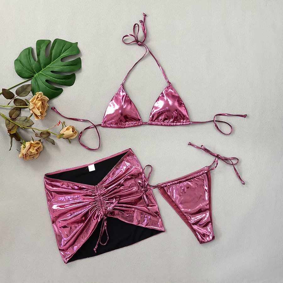 STOCK 4Colors Triangle Top With Pad Metallic Bikini Set 3Pieces Swimwear Beach Skirt Cover Ups