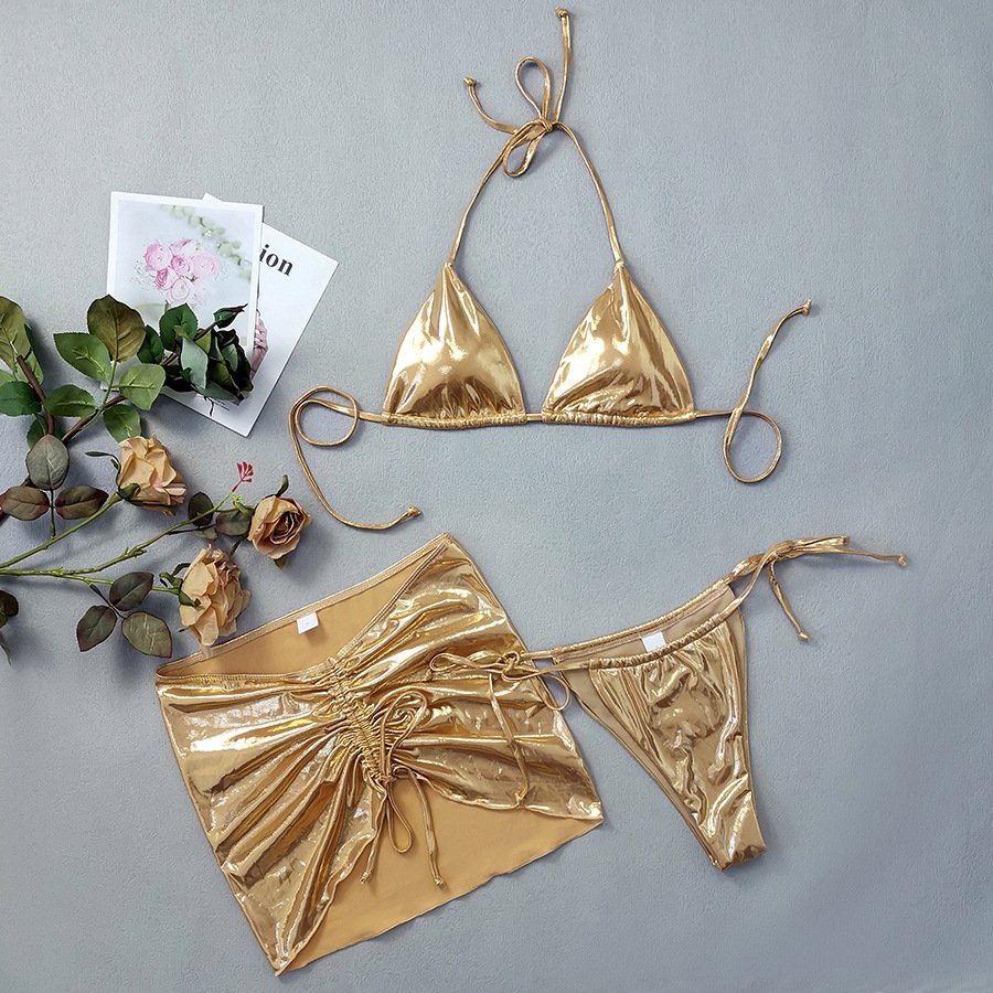 STOCK 4Colors Triangle Top With Pad Metallic Bikini Set 3Pieces Swimwear Beach Skirt Cover Ups
