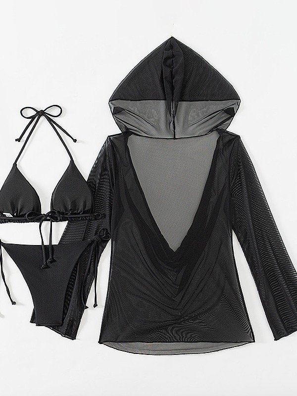 STOCK Two Colors Hooded Mesh Dress Women 3Pieces Swimwear Basic Swimsuit Bikini Open Front Transparent Cover Ups
