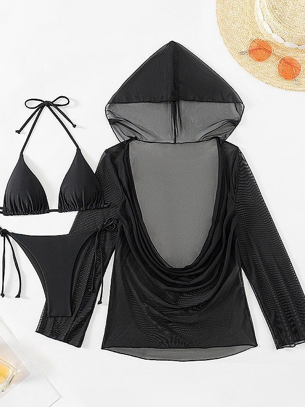 STOCK Two Colors Hooded Mesh Dress Women 3Pieces Swimwear Basic Swimsuit Bikini Open Front Transparent Cover Ups