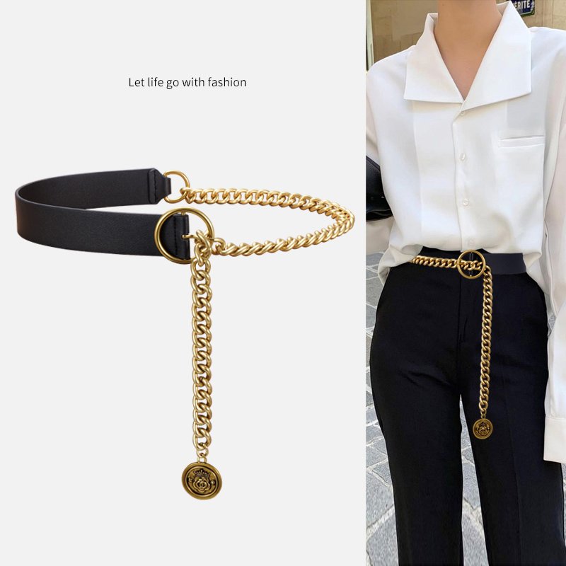 Fashion Women All-match Accessories PU Leather Metal Chain Patchwork Slim Belt for Female Shaper