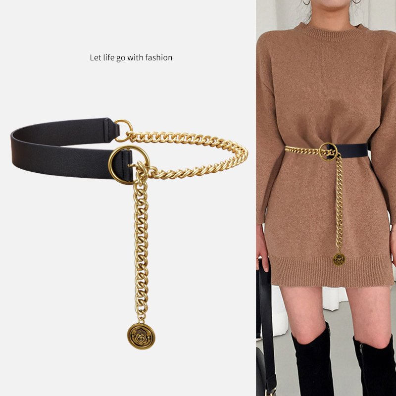 Fashion Women All-match Accessories PU Leather Metal Chain Patchwork Slim Belt for Female Shaper