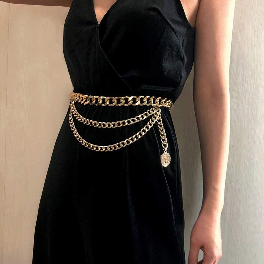 Punk Layered Metal Gold Chunky Waist Chain Belt Pendant Cuban Body Chain for Women Boho Retro Dress Skirt Jeans Waist