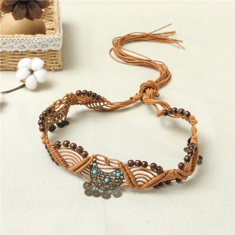 2024 Vintage Bohemian Waxed Rope Beads Handmade Woven Waist Chain Belts Jewelry For Womens Dress