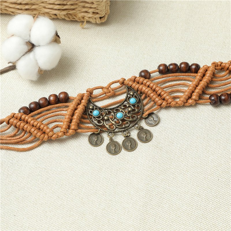 2024 Vintage Bohemian Waxed Rope Beads Handmade Woven Waist Chain Belts Jewelry For Womens Dress