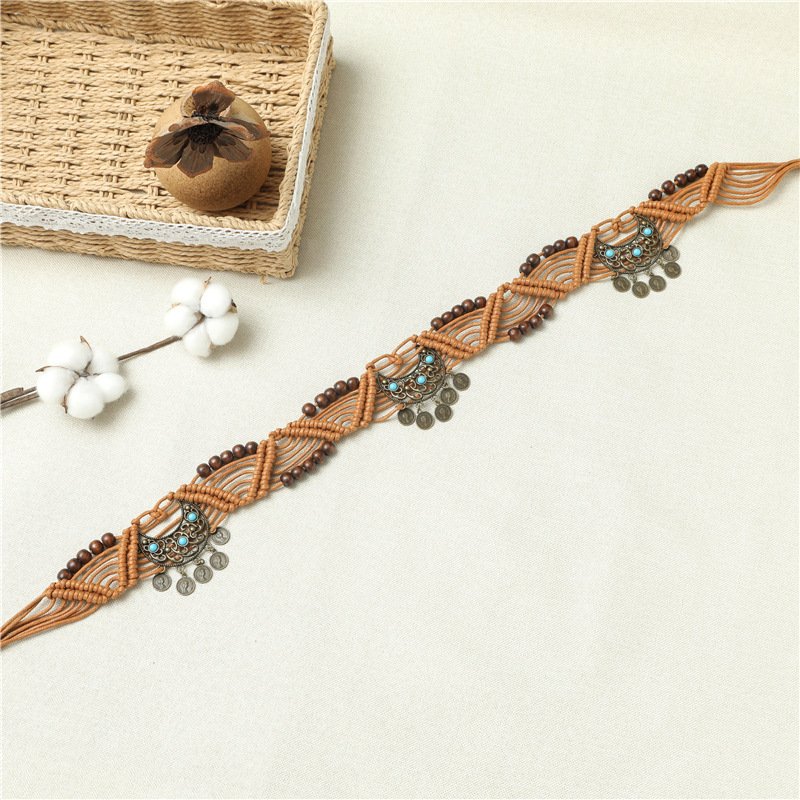 2024 Vintage Bohemian Waxed Rope Beads Handmade Woven Waist Chain Belts Jewelry For Womens Dress