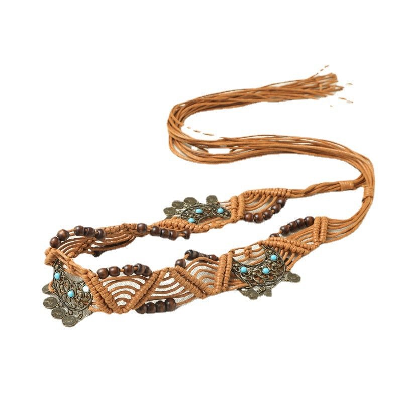2024 Vintage Bohemian Waxed Rope Beads Handmade Woven Waist Chain Belts Jewelry For Womens Dress