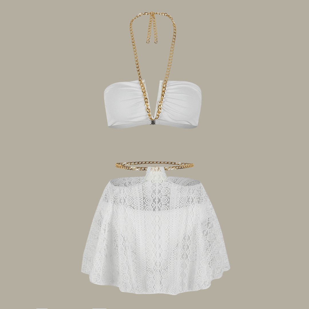 STOCK Chains Women 3Pieces Swimwear Bandeau Swimsuit Cut Out Lace Skirt Brazilian Bikini
