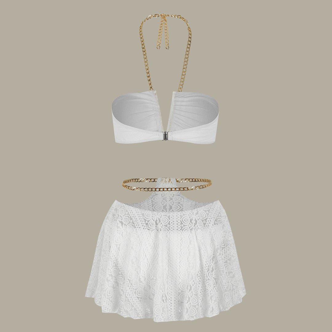 STOCK Chains Women 3Pieces Swimwear Bandeau Swimsuit Cut Out Lace Skirt Brazilian Bikini