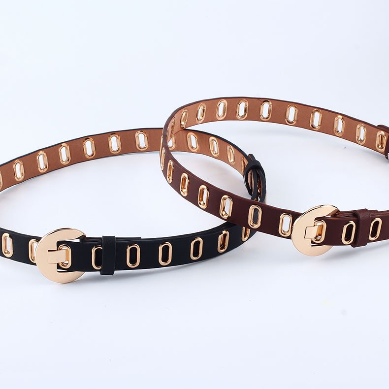 Hip-hop Golden Grommet Belt Leather Punk Waist Belts With Chain For Women Jeans Dresses