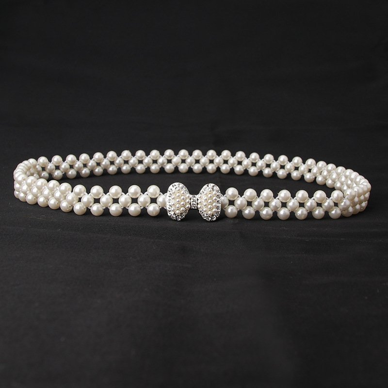 Ladies Pearl Waist Chain Rhinestone Decorative Belt Fashion Sweet Dress Elastic Women Belt For Girls Party Wedding