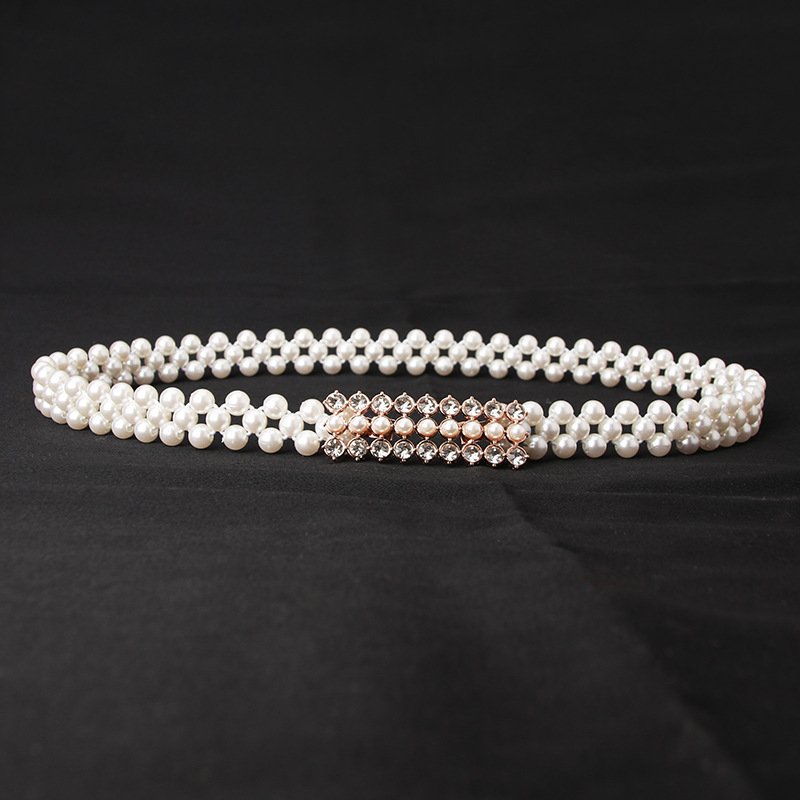 Ladies Pearl Waist Chain Rhinestone Decorative Belt Fashion Sweet Dress Elastic Women Belt For Girls Party Wedding