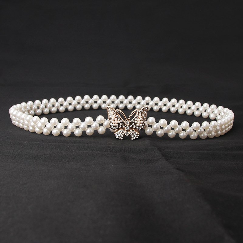 Ladies Pearl Waist Chain Rhinestone Decorative Belt Fashion Sweet Dress Elastic Women Belt For Girls Party Wedding