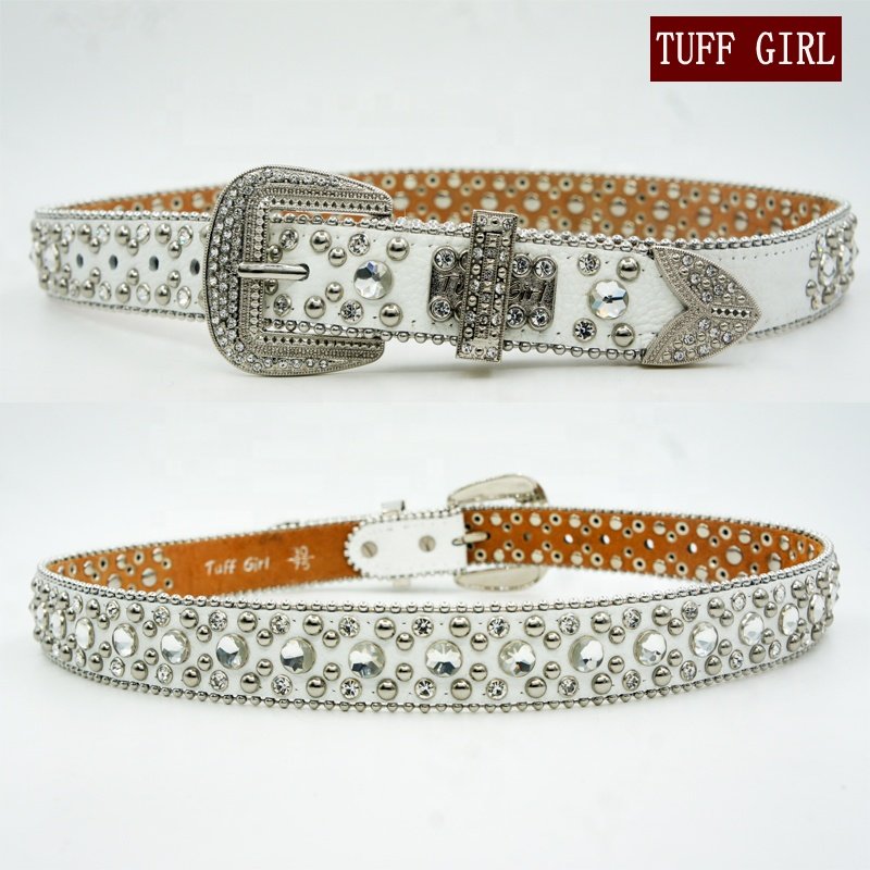 Western Cowgirl Bling Bling White cowhide Rhinestone Studded Leather Belt 95cm