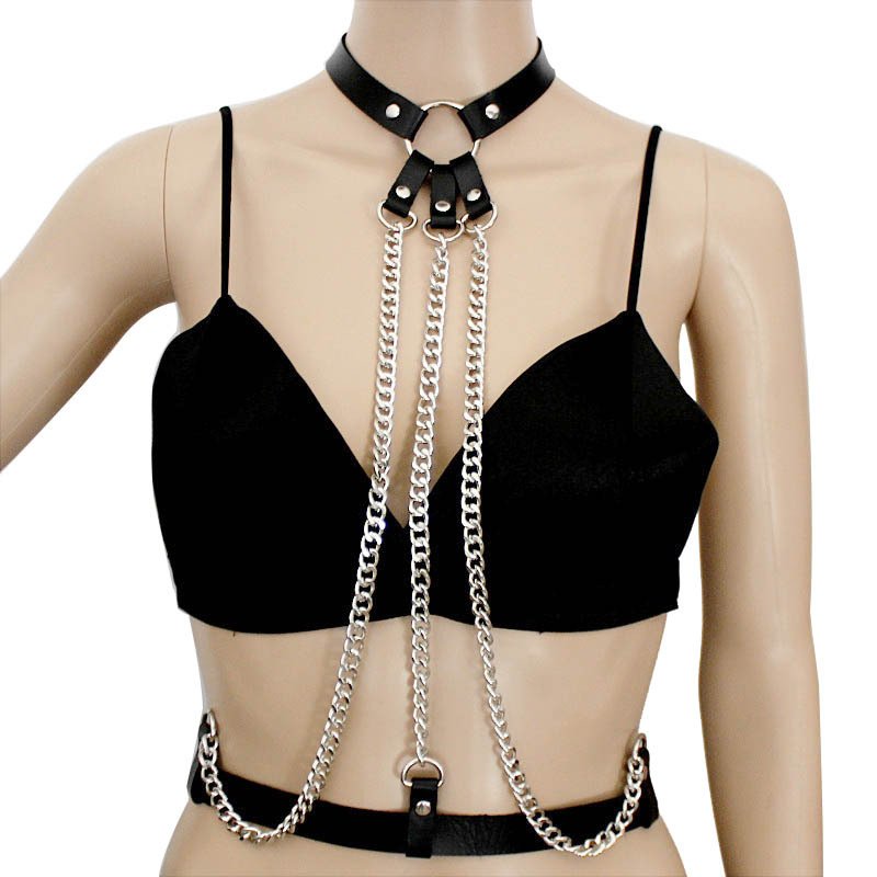 Fashion Sexy Punk Halter Neck Harness body waist chain nightclub tassel Faux Leather Erotic Bondage Corset Belt