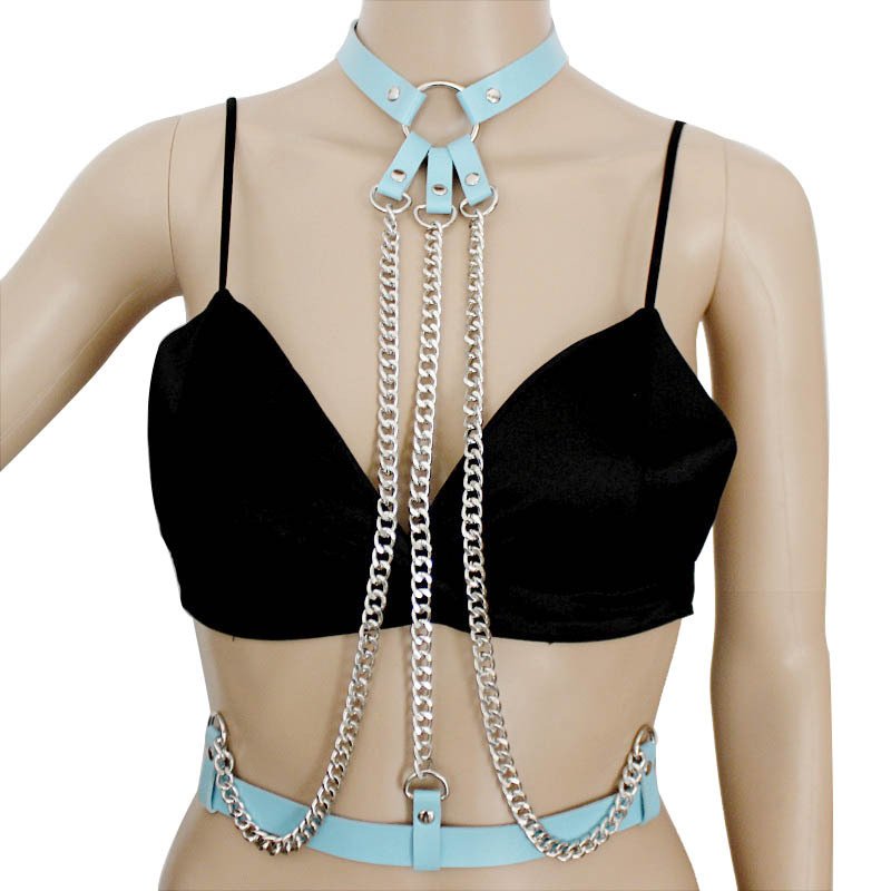 Fashion Sexy Punk Halter Neck Harness body waist chain nightclub tassel Faux Leather Erotic Bondage Corset Belt